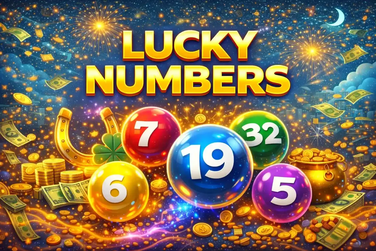 Lucky Numbers Lottery Draw Colorful lottery balls with numbers 7, 19, 32, and 5 floating above gold coins and cash.